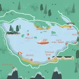 Karte des Eibsees mit dem 7,5 km langen **Eibsee Rundweg**, Badebuchten, Inseln, SUP & Kanu Verleih, Hotel, Biergarten und Zugspitze.
