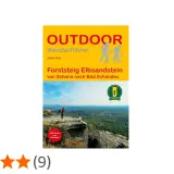 Outdoor-Wanderführer "Forststeig Elbsandstein" von Schöna nach Bad Schandau mit Wanderer auf Felsvorsprung.
