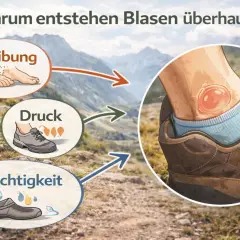 Illustration zeigt, wie Reibung, Druck und Feuchtigkeit zu Blasen am Fuß führen.