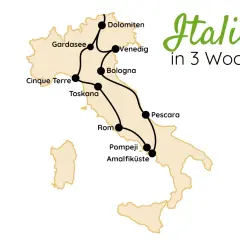 Karte von Italien mit markierten Fernwanderwegen: Dolomiten, Gardasee, Venedig, Bologna, Cinque Terre, Toskana, Rom, Pompeji, Amalfiküste.