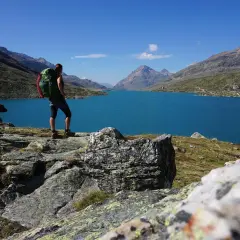 Wanderer mit Rucksack und Hund genießen den Ausblick auf einen türkisfarbenen See in den Alpen. Perfekt für mehrtageswanderungen.