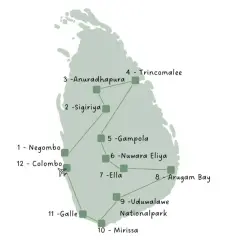 Reiseroute durch Sri Lanka: Von Negombo über Sigiriya und Ella bis nach Mirissa.