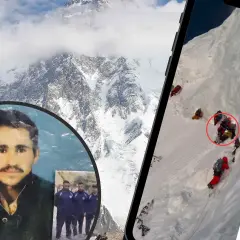 Mohammed Hassan, ein Held des K2, auf einem Foto vor schneebedeckten Bergen. Daneben eine Handyaufnahme von Bergsteigern am K2.