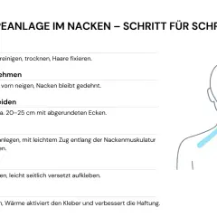 Anleitung zur Tapeanlage im Nacken: Haut vorbereiten, Position einnehmen, Tape zuschneiden und anlegen, dann fixieren.