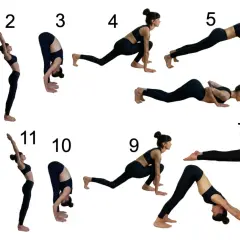 Frau in 12 Posen des Sonnengruß Yoga. Von der Berghaltung über Vorwärtsbeugen und Krieger bis zum herabschauenden Hund.