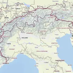 Karte der Via Alpina, roter Weg, durch die Schweiz, Italien und Slowenien.
