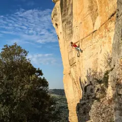 Eine Frau klettert an einer sonnenbeschienenen Felswand in Sardinien. Der blaue Himmel mit Wolken und grüne Bäume bilden den Hintergrund.
