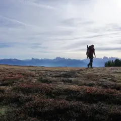Eine Person wandert im Oktober durch die Alpen. Die Sonne scheint, der Himmel ist leicht bewölkt.