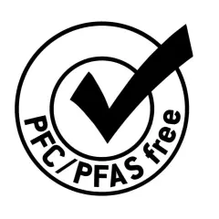 Kreis mit Häkchen und Text "PFC/PFAS free". Ein Zeichen für Produkte ohne schädliche Chemikalien.