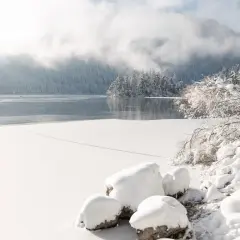 Eibsee winter: Eisbedeckter See, verschneite Bäume und Berge im Nebel. Ein friedlicher Anblick der Natur.