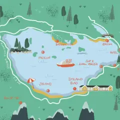 Karte des Eibsees mit dem 7,5 km langen **Eibsee Rundweg**, Badebuchten, Inseln, SUP & Kanu Verleih, Hotel, Biergarten und Zugspitze.