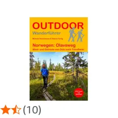 Wanderführer für den Olavsweg in Norwegen, mit einer Person auf einem Holzsteg in der Natur.
