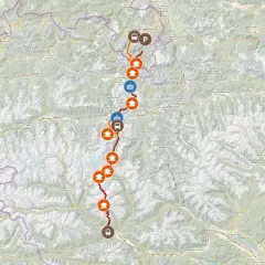 Karte zeigt eine Route von Berchtesgaden nach Lienz mit Markierungen für Sehenswürdigkeiten und Verkehrsmittel.