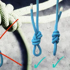 Der falsche Knoten am Seil ist durchgestrichen. Drei korrekte Knoten am Seil sind mit Häkchen markiert.