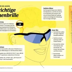 Illustration eines Gesichts mit Sonnenbrille, die den richtigen Sonnenbrille Test erklärt. CE-Kennzeichnung, UV-Schutz und guter Sitz werden thematisiert.