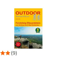 Outdoor-Wanderführer "Forststeig Elbsandstein" von Schöna nach Bad Schandau mit Wanderer auf Felsvorsprung.