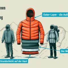 Illustration zeigt das ideale **Wandern outfit** mit Base-, Mid- und Outer-Layer. Perfekt für jedes Wetter!