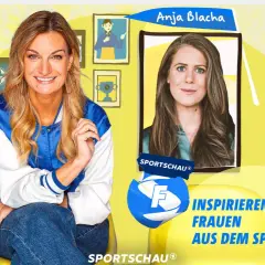 Anja Blacha im Gespräch mit inspirierenden Frauen aus dem Sport. Links eine Moderatorin, rechts ein Porträt von Anja Blacha.