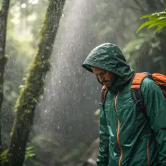 Mann im Regenwald, seine Polyamid-Jacke schützt ihn vor dem Nass. Trotz des Regens und der Anstrengung, nicht zu schwitzen, genießt er die Natur.