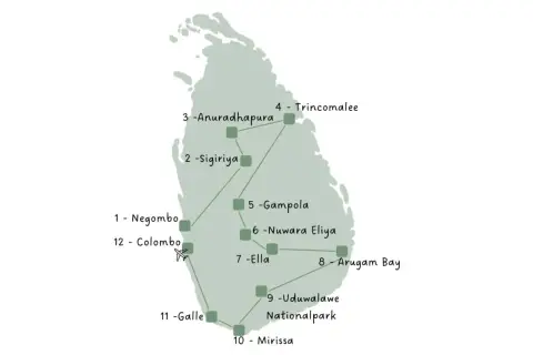 Reiseroute durch Sri Lanka: Von Negombo über Sigiriya und Ella bis nach Mirissa.
