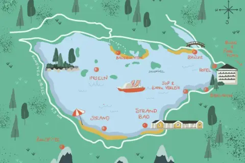 Karte des Eibsees mit dem 7,5 km langen **Eibsee Rundweg**, Badebuchten, Inseln, SUP & Kanu Verleih, Hotel, Biergarten und Zugspitze.