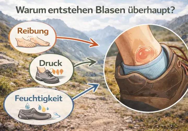 Illustration zeigt, wie Reibung, Druck und Feuchtigkeit zu Blasen am Fuß führen.