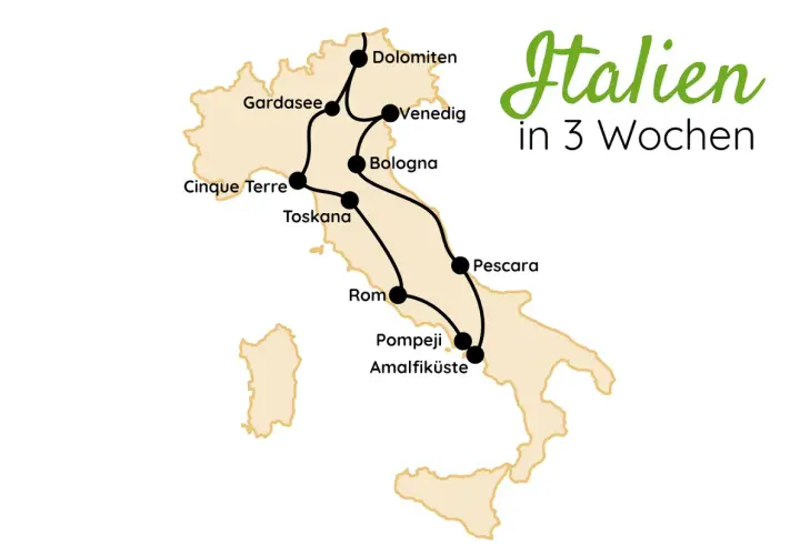 Karte von Italien mit markierten Fernwanderwegen: Dolomiten, Gardasee, Venedig, Bologna, Cinque Terre, Toskana, Rom, Pompeji, Amalfiküste.
