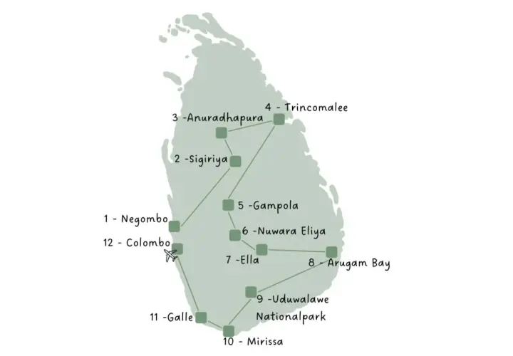Reiseroute durch Sri Lanka: Von Negombo über Sigiriya und Ella bis nach Mirissa.