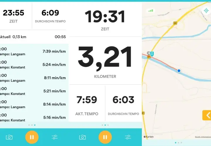 Die laufrouten app zeigt 3,21 km mit einer Durchschnittsgeschwindigkeit von 6:03 min/km. Die Karte zeigt die aktuelle Position.