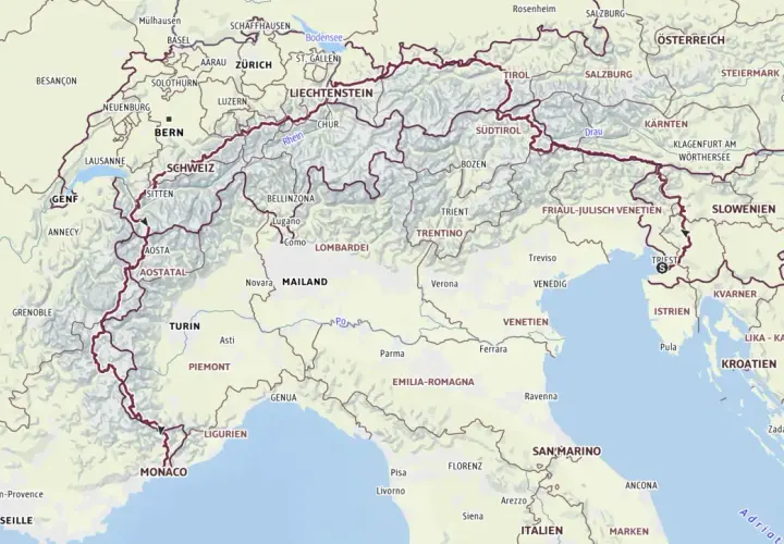 Karte der Via Alpina, roter Weg, durch die Schweiz, Italien und Slowenien.