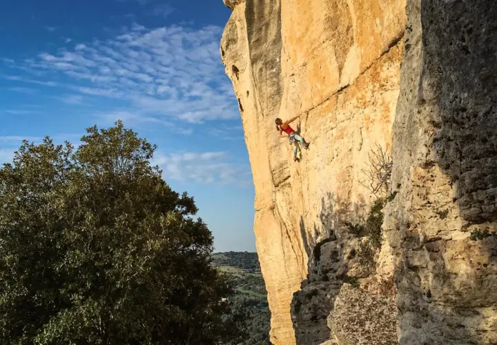 Eine Frau klettert an einer sonnenbeschienenen Felswand in Sardinien. Der blaue Himmel mit Wolken und grüne Bäume bilden den Hintergrund.
