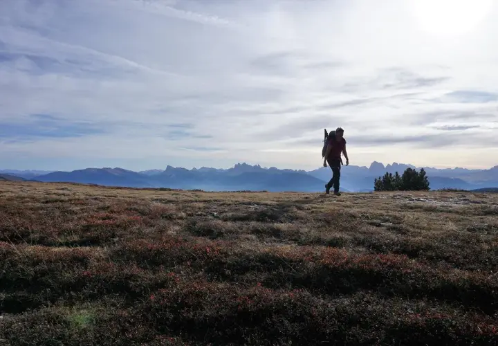 Eine Person wandert im Oktober durch die Alpen. Die Sonne scheint, der Himmel ist leicht bewölkt.