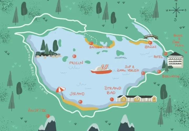 Karte des Eibsees mit dem 7,5 km langen **Eibsee Rundweg**, Badebuchten, Inseln, SUP & Kanu Verleih, Hotel, Biergarten und Zugspitze.
