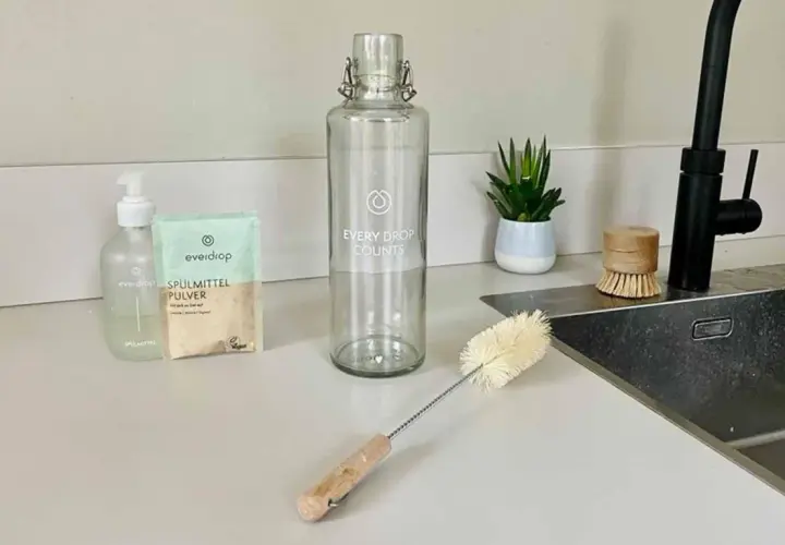 Alles für die Edelstahl Trinkflasche reinigen: Spülmittel, Pulver, Flaschenbürste und ein kleiner Topf mit Pflanze.