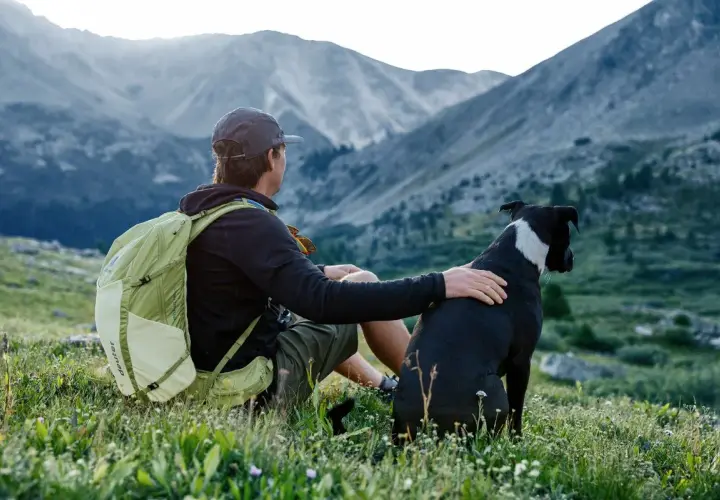 Mann mit deuter Rucksack und Hund sitzt auf Bergwiese.