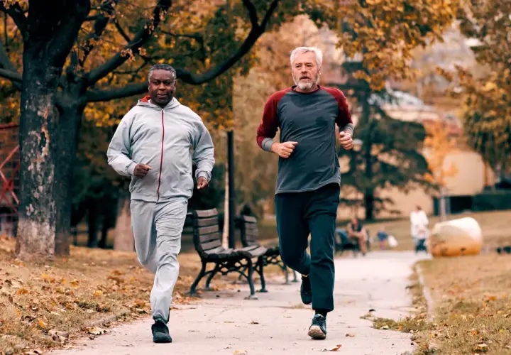 Zwei Männer im Herbstpark trainieren für den Halbmarathon. Sie laufen auf einem Weg, umgeben von bunten Blättern.