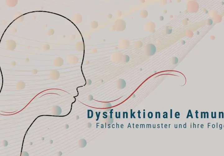 Abstrakte Darstellung einer menschlichen Silhouette, die atmet. Text: Dysfunktionale Atmung - Falsche Atemuster und ihre Folgen. Mögliche falsche Atmung Symptome werden hier thematisiert.