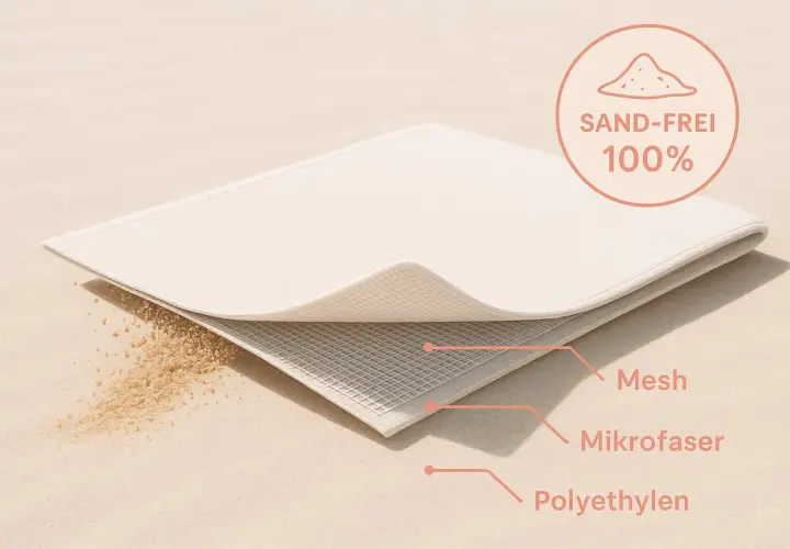 Sandabweisende Matte mit Mikrofaser-Schicht. Sand fällt durch das Mesh hindurch, was ist Mikrofaser? Ein Material, das Sand fernhält.