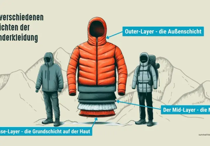 Illustration zeigt das ideale **Wandern outfit** mit Base-, Mid- und Outer-Layer. Perfekt für jedes Wetter!