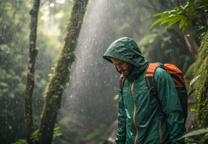 Mann im Regenwald, seine Polyamid-Jacke schützt ihn vor dem Nass. Trotz des Regens und der Anstrengung, nicht zu schwitzen, genießt er die Natur.