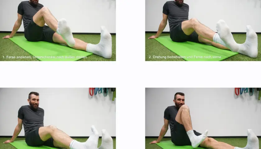 Mann dehnt Knie Muskeln und Sehnen auf einer Matte. Übungen für Flexibilität und Mobilität.