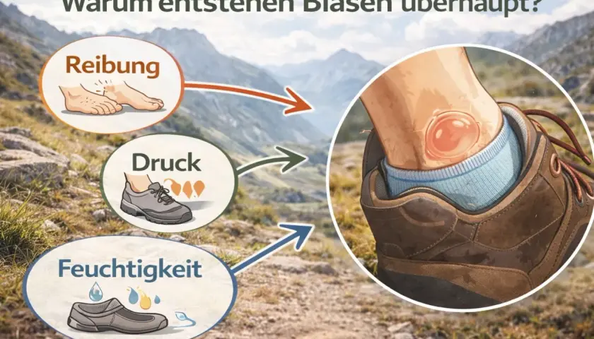 Illustration zeigt, wie Reibung, Druck und Feuchtigkeit zu Blasen am Fuß führen.