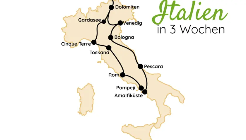 Karte von Italien mit markierten Fernwanderwegen: Dolomiten, Gardasee, Venedig, Bologna, Cinque Terre, Toskana, Rom, Pompeji, Amalfiküste.