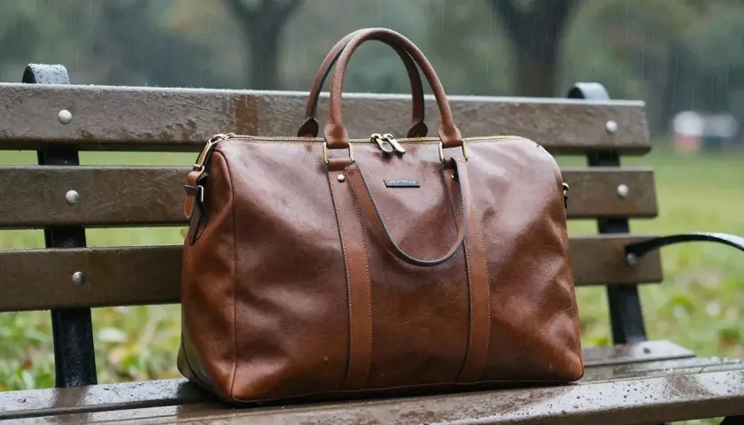 Braune Ledertasche auf einer nassen Parkbank im Regen. Das Leder ist wasserdicht und schützt den Inhalt.