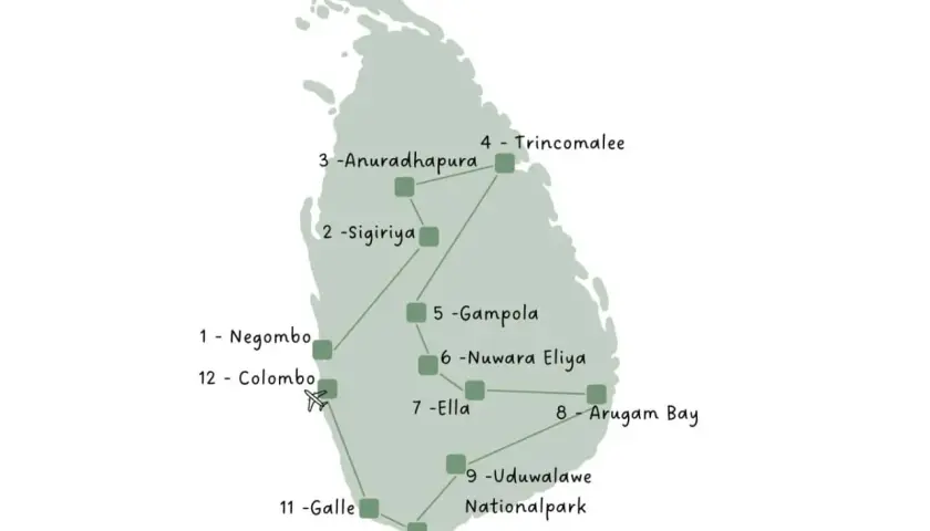 Reiseroute durch Sri Lanka: Von Negombo über Sigiriya und Ella bis nach Mirissa.