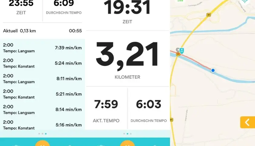Die laufrouten app zeigt 3,21 km mit einer Durchschnittsgeschwindigkeit von 6:03 min/km. Die Karte zeigt die aktuelle Position.