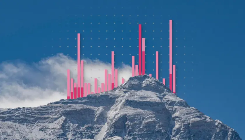 Schneebedeckte Bergspitze mit rosa Balkendiagramm-Überlagerung, die den Aufstieg zum Mount Everest und die damit verbundene "Tote Liste" symbolisiert.