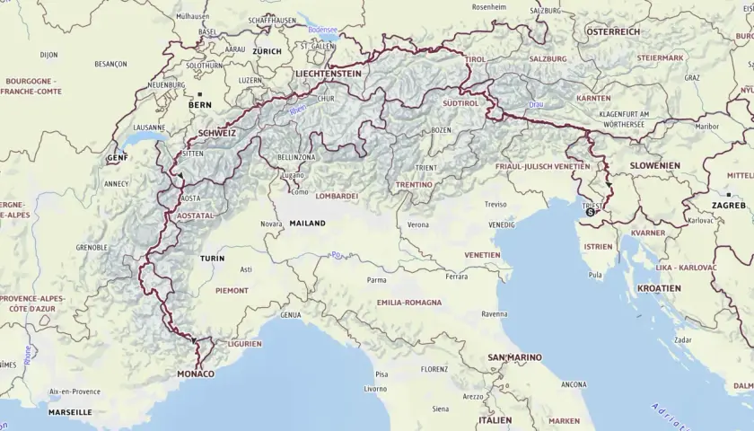 Karte der Via Alpina, roter Weg, durch die Schweiz, Italien und Slowenien.