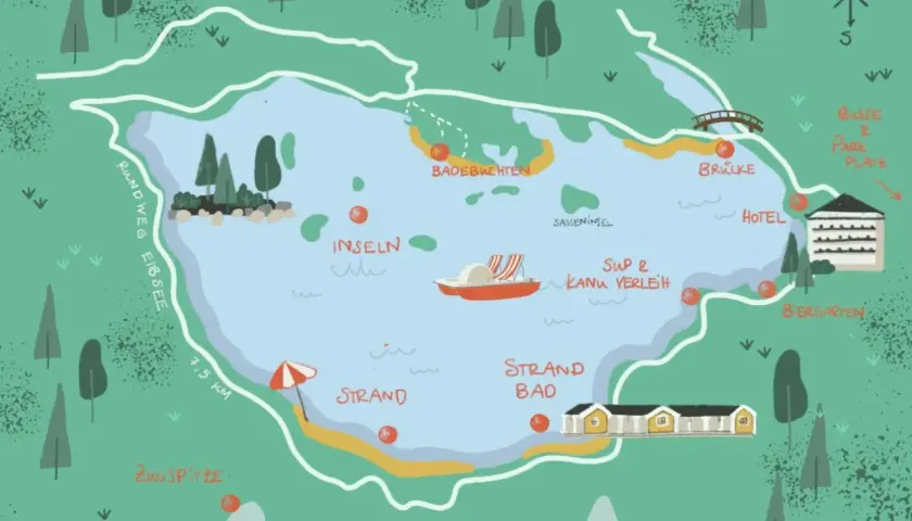 Karte des Eibsees mit dem 7,5 km langen **Eibsee Rundweg**, Badebuchten, Inseln, SUP & Kanu Verleih, Hotel, Biergarten und Zugspitze.