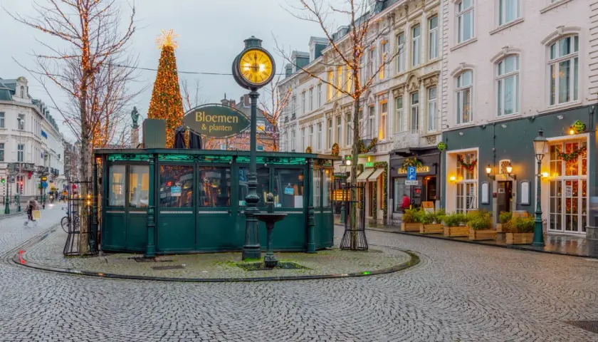 Maastricht im Winter: Ein beleuchteter Weihnachtsbaum und ein Blumenstand laden zum Bummeln ein. Hier kann man viel entdecken!